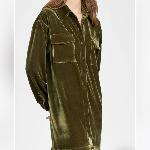 WAYF Long Sleeve Velvet Shirtdress, Olive Green, Oversized Button Up Top, Sz XS - Picture 6 of 10